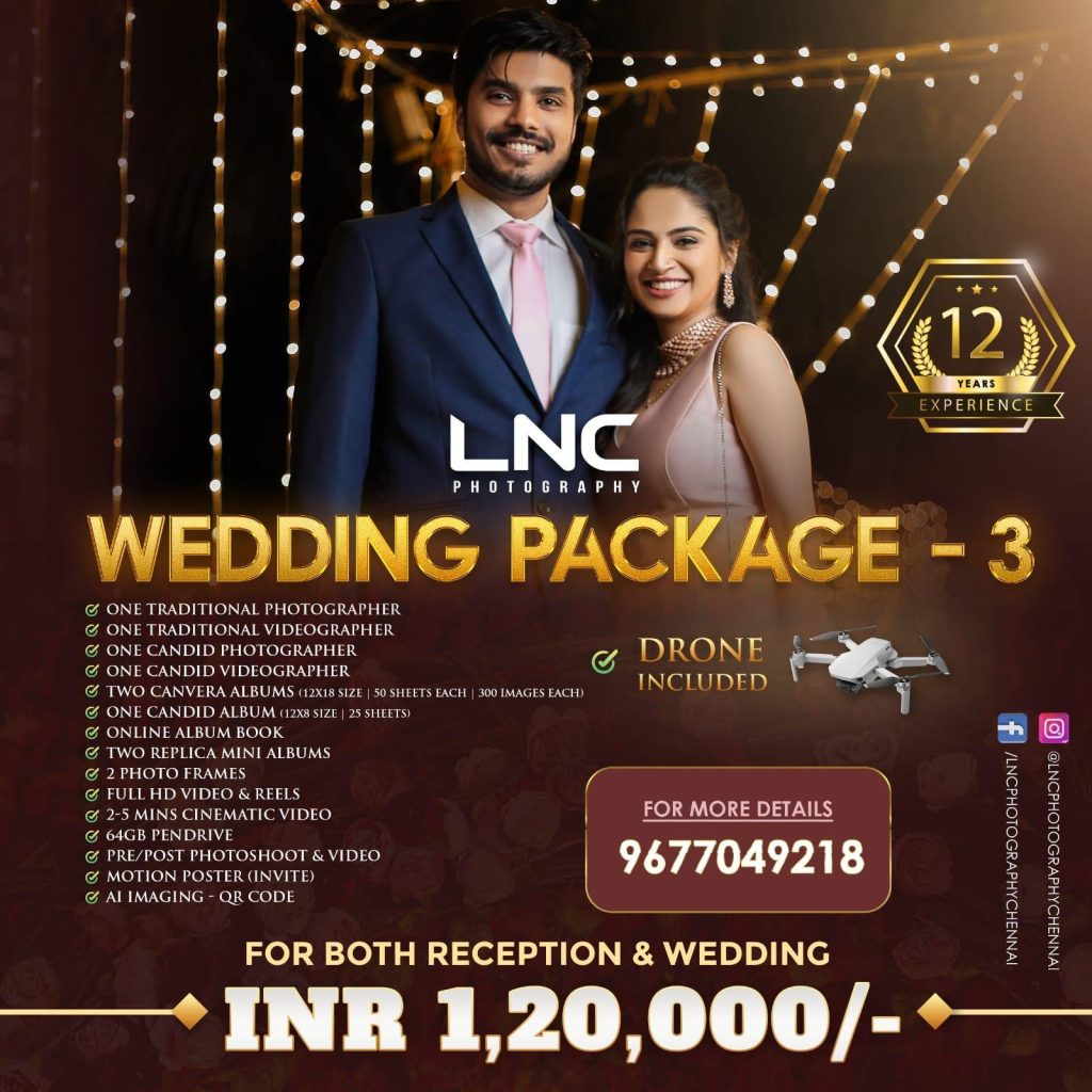 Elegant couple smiling in traditional attire showcasing LNC Photography's premium wedding package with drone service in chennai